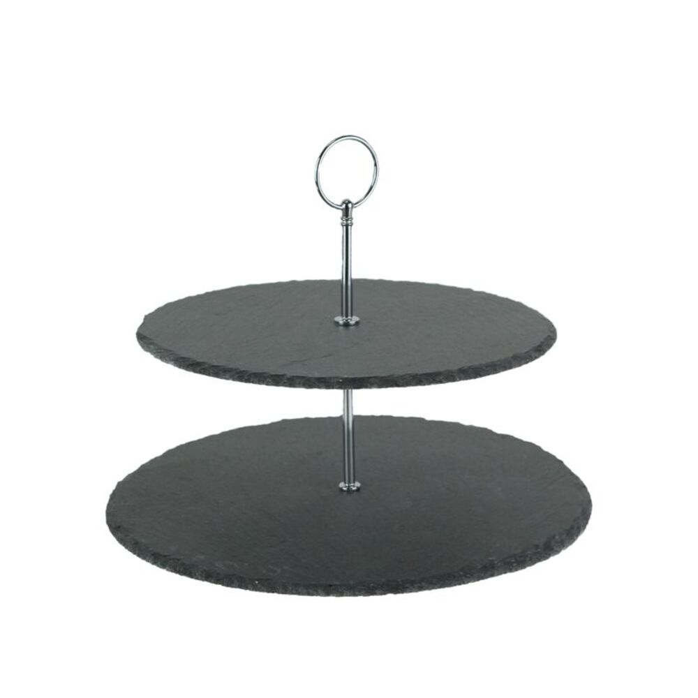 Two Tier Round Slate Stone and Chromed Metal Country Farmhouse Serving Tray
